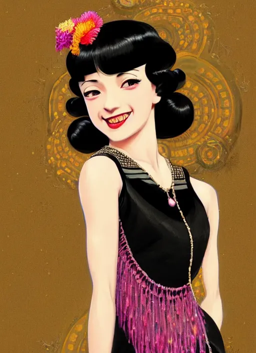 Image similar to a smiling beautiful dancer with black hair in 1920's fashion, living room background, intricate, highly detailed, digital painting, artstation, official media, anime key visual, concept art, rich vivid colors, ambient lighting, sharp focus, illustration, art by Artgerm, Makoto Shinkai, Ilya Kuvshinov, Lois Van Baarle, and Rossdraws