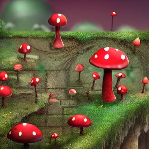 Image similar to beautiful dystopian deserted overgrown city anthropomorphic red mushroom tiny village