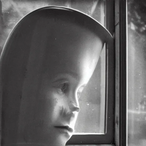 Prompt: a real photo of an alien looking through a window, realistic, vintage photo, old photo, sepia, grainy