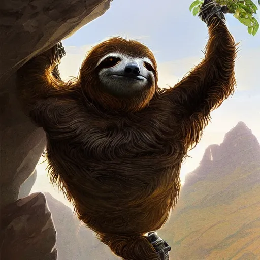 Image similar to detailed science - fiction character portrait of a sloth rock climbing, wild, highly detailed, digital painting, artstation, concept art, smooth, sharp focus, illustration, art by artgerm and greg rutkowski and alphonse mucha