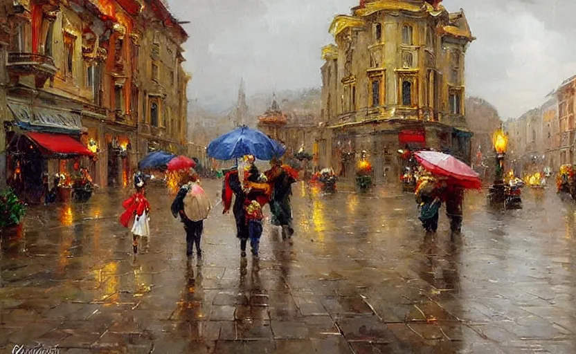 Prompt: Ancient Neoclassical Town at raining day. By Konstantin Razumov, highly detailded