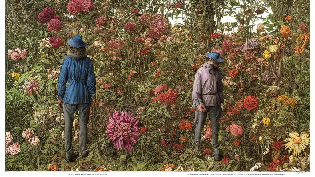 Image similar to highly detailed illustration of a human surrounded by all the known species of plants and flowers by juan gatti!, by moebius!, by leonardo da vinci, by oliver vernon!