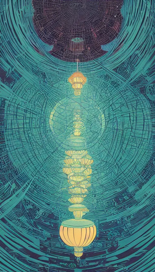 Image similar to the ancient oracle of the luminous lantern spirits, futurism, dan mumford, victo ngai, da vinci