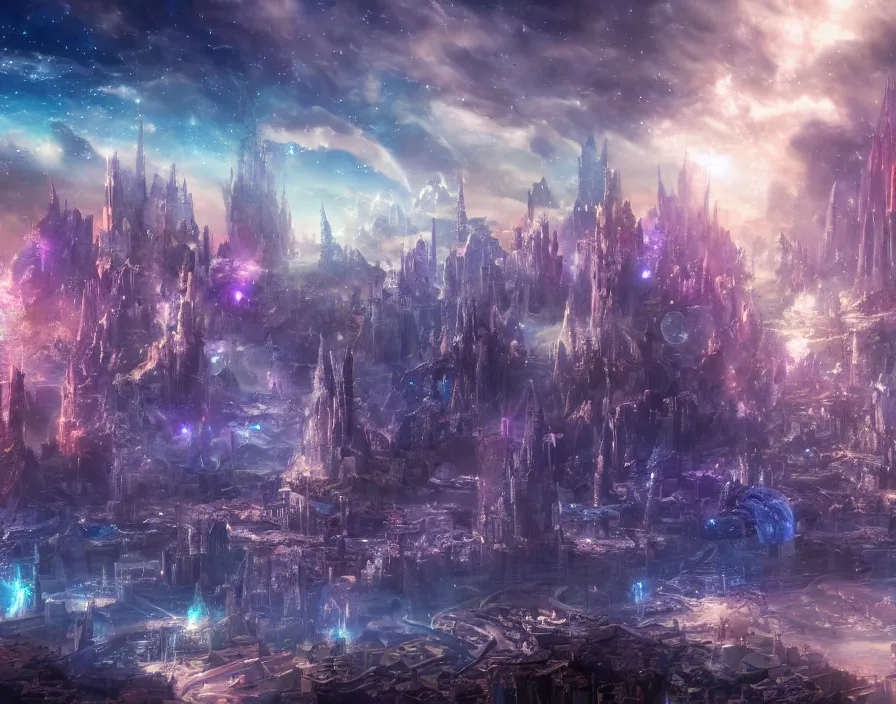 Image similar to city with crystals, fantasy artwork, very beautiful scenery, sky is made up of cosmic stars, hd, hdr, ue 5, ue 6, unreal engine 5, cinematic 4 k wallpaper, 8 k, ultra detailed, by popular digital, details, beautiful image ever created, high resolution, artstation, award winning