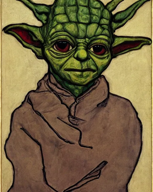 Prompt: portrait of yoda by egon schiele