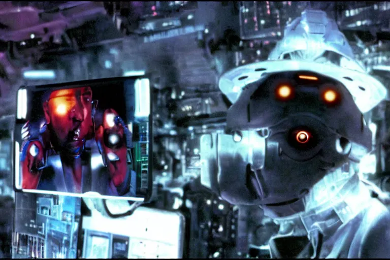 Image similar to cyborg - pitbull, surrounded by screens, in 2 0 0 1, y 2 k cybercore, industrial low - light photography, still from a ridley scott movie