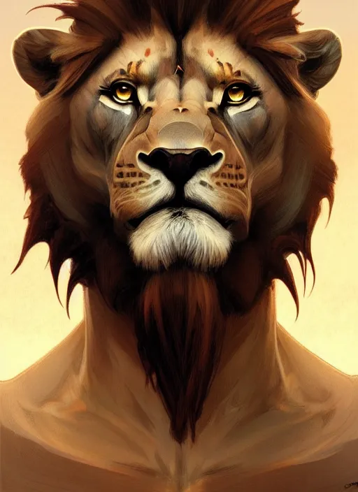 Prompt: Portrait of an man with a Lion's head, muscular, intricate, elegant, highly detailed, digital painting, artstation, concept art, smooth, sharp focus, illustration, art by artgerm and greg rutkowski and alphonse mucha