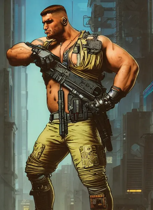 Image similar to buff cyberpunk mercenary dude. portrait by stonehouse and mœbius and will eisner and gil elvgren and pixar. realistic proportions. cyberpunk 2 0 7 7, apex, blade runner 2 0 4 9 concept art. cel shading. attractive face. thick lines.