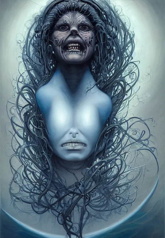 Prompt: perfectly centered portrait front view of a beautiful biomechanical moon goddess, flowing hair, intense stare, sweet sarcastic smile, symmetrical, dark blue skin, concept art, intricate detail, volumetric shadows and lighting, realistic oil painting by peter mohrbacher, h. r. giger, zdzisław beksinski, gustave dore,