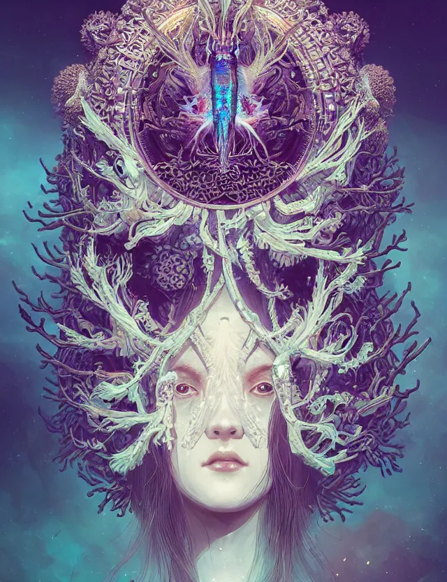 Prompt: symmetrical, centered, goddess close-up portrait wigh crown made of skulls. phoenix betta fish, phoenix, bioluminiscent creature, super intricate ornaments artwork by Tooth Wu and wlop and beeple and greg rutkowski
