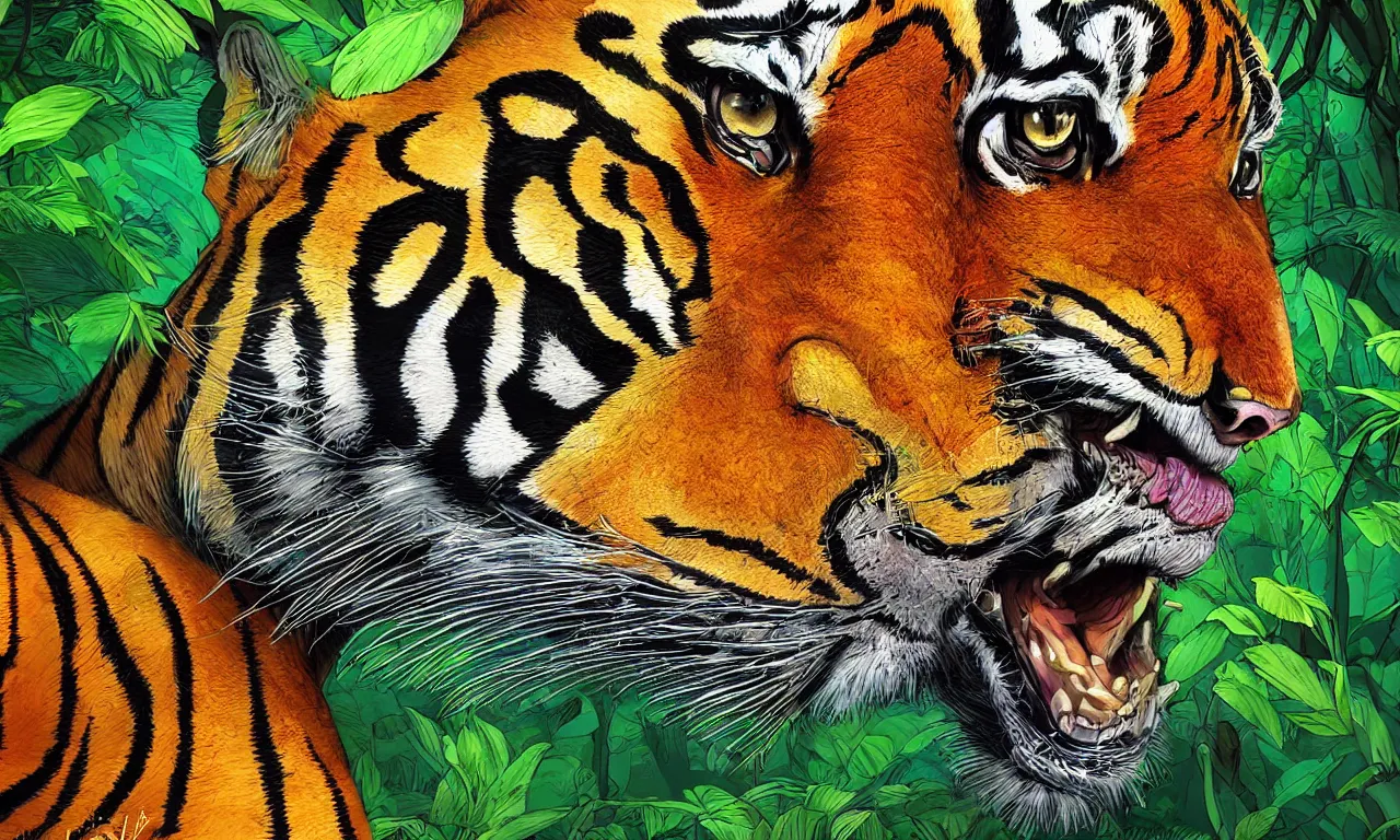 Image similar to a beautiful digital colorful detailed illustration of a fierce tiger in jungle, matte painting