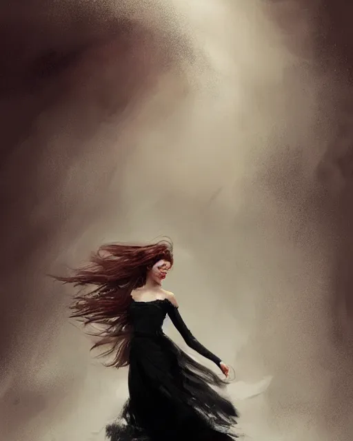 Image similar to a girl with long, flowing auburn hair at a dance, dancing, she has a long flowing black and white dress. victorian background, raining, long shot, portrait, artstation, concept art by greg rutkowski.