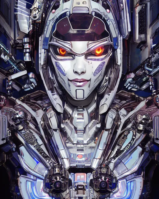 Image similar to the face of a cybernetic geisha mecha, scifi, ghost in the shell, intricate sci fi panels made of metal, elegant, highly detailed panel cuts, greeble detail, caustics and refraction, neon glowing eyes, digital painting, artstation, concept art, high tech fantasy, sharp focus, illustration, art by marco plouffe arstation and Riot Studios and Blizzard Studios