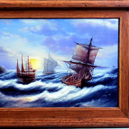 Prompt: ship in the sea, sails, history, wood, oil painting, waves, romanticism, clouds, sunset