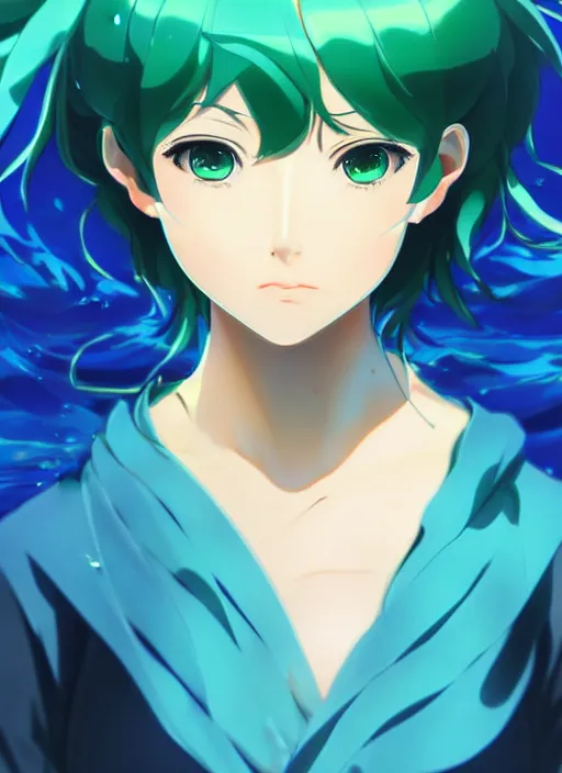 Image similar to makoto shinkai, artgerm, ilya kuvshinov, beautiful anime women with green dress, long blue hair, water powers water swirling, symmetrical face, symmetrical eyes, detailed, beach setting, cinematic lighting