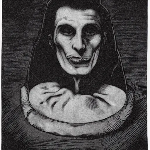 Image similar to the central image is a dracula like face, which appears to be staring directly at the viewer. the sun shines its light down as if it is burning the daylights out of the vampire. a dark background is placed behind it.