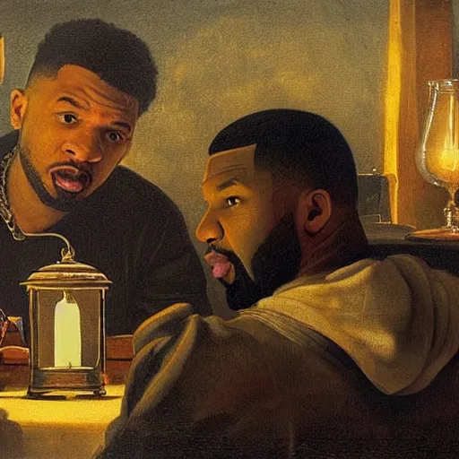 Prompt: 2 1 savage and 5 0 cent and drake huddled around a table with a lantern in a dark pub like in the denial of st. peter by gerard seghers