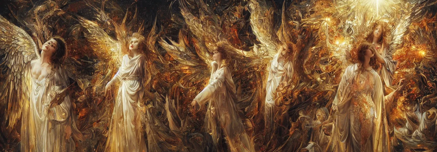 Prompt: thousands of angels on their knees worshiping a light, shining lights, god rays by by Karol Bak, Ayami Kojima, Amano and Olivier Ledroit