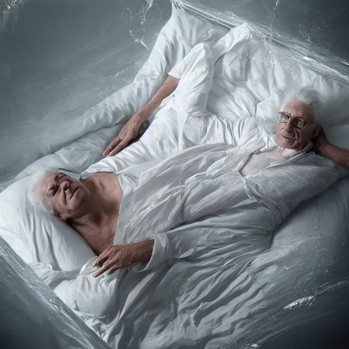 Prompt: a 7 0 year old white haired man lays on a bed, a transparent iridescent figure levitates above him, by michal karcz, canon eos c 3 0 0, ƒ 1. 8, 3 5 mm, 8 k, medium - format print