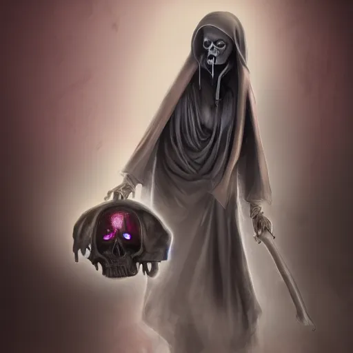 Prompt: female grim reaper holding a broken skull, concept art