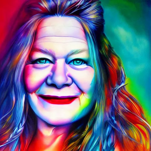 Image similar to portrait of janice joplin at age 2 7 in psychedelic colors, painted by artgerm