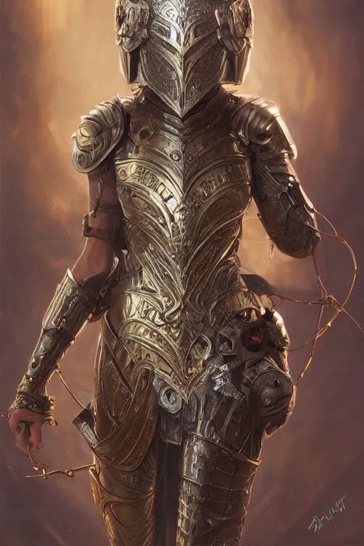 Image similar to attractive young female wearing an ornate metallic helmet, clothed in battle armor, olive skin, long dark hair, beautiful bone structure, symmetrical facial features, intricate, elegant, highly detailed, digital painting, trending on Artstation, concept art, smooth, sharp focus, illustration, art by artgerm and greg rutkowski and alphonse mucha