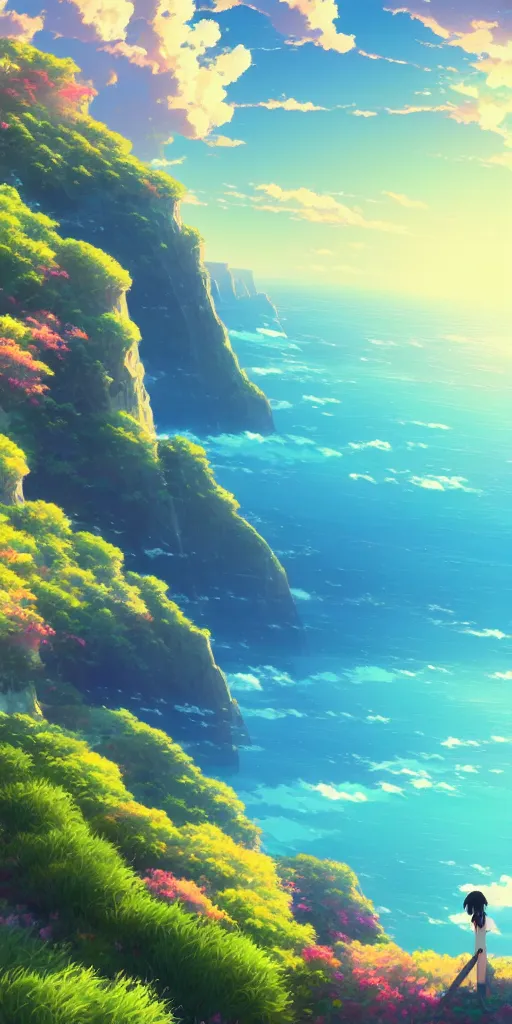 Prompt: A beautiful anime illustration of an ocean coast, cliffs, wildflowers, breathtaking clouds, wide angle, by makoto shinkai, thomas kinkade, james gilleard, very detailed, deviantart, 4k vertical wallpaper, tropical, colorful, airy, anime illustration, anime nature wallpap