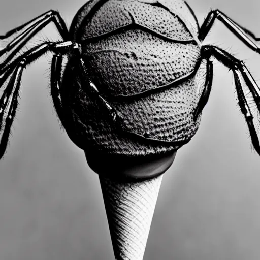Prompt: detailed, textured photograph of a levitating chocolate ice cream cone with 8 huge, hairy spider legs at the bottom. dramatic light.