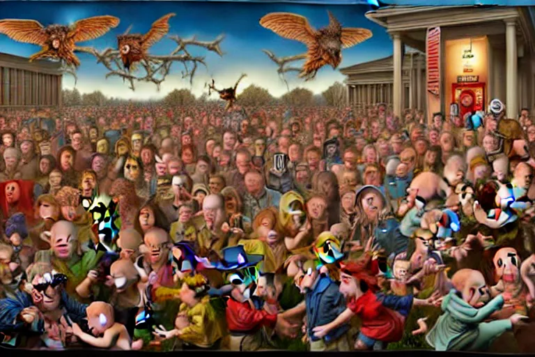 Image similar to a sparsely populated strange battle in an old hospital between old people and babies Robert Williams Mark Ryden and Alex Gross, Todd Schorr highly detailed deep perspective perfect composition