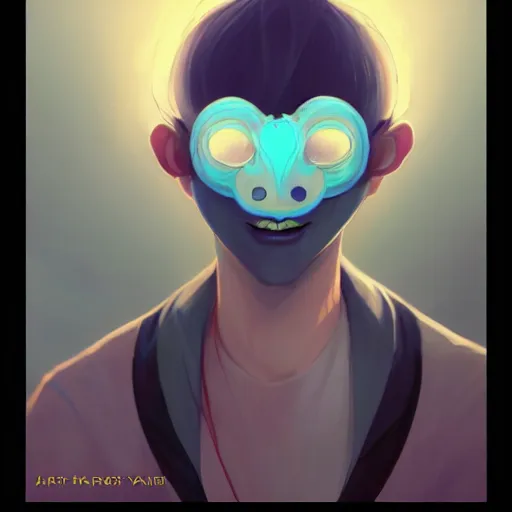 Image similar to a portrait of a cinematic still of the happy mask salesman, art by lois van baarle and loish and ross tran and rossdraws and sam yang and samdoesarts and artgerm and saruei and takaya imamura, digital art, highly detailed, intricate, sharp focus, trending on artstation hq, deviantart, unreal engine 5, 4 k uhd image