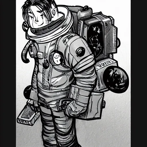 Prompt: character concept art, manga drawing, astronaut, sci fi!!!!, pen and ink illustration, mike mignola, trending on artstation