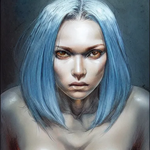 Image similar to intricate portrait, pure skin, short blue hair, enki bilal!