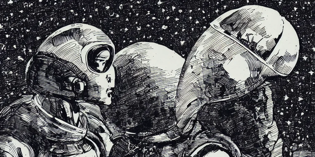 Image similar to portrait of a person wearing a space helmet on an alien planet, space and stars visible in the background, in the style of Goya etchings