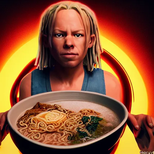 Image similar to a portrait of Korbin Dallas from the movie The Fifth Element eating a bowl of ramen, 8k resolution, extremely detailed, octane render, HQ, colored HQ