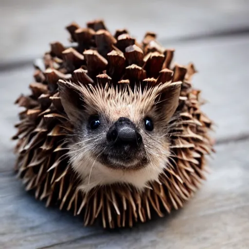 Prompt: photo of a pinecone with the face of a hedgehog