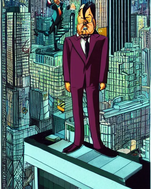 Image similar to villainous smug male antagonist in suit, fancy apartment, overlooking cityscape, artwork by ralph bakshi