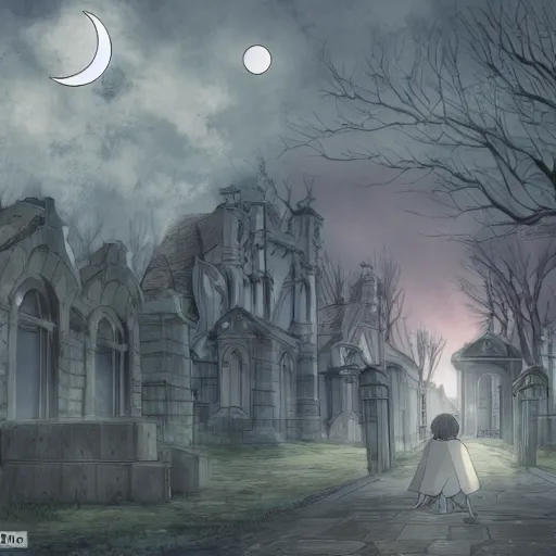 Prompt: anime hd, anime, 2 0 1 9 anime, ghost children, children born as ghosts, london cemetery, albion, london architecture, buildings, gloomy lighting, moon in the sky, gravestones, creepy smiles