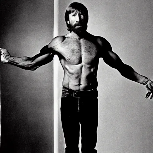 Image similar to photo of Chuck Norris looking incredibly skinny and malnourished, professional photo