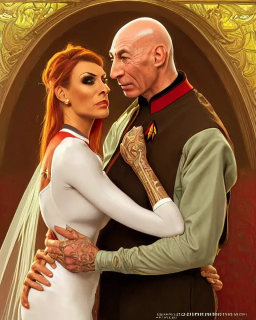 Image similar to Painting of Jean Luc Picard and Jodie Marsh getting married, real life skin, intricate, elegant, highly detailed, artstation, concept art, smooth, sharp focus, art by artgerm and greg rutkowski and alphonse mucha