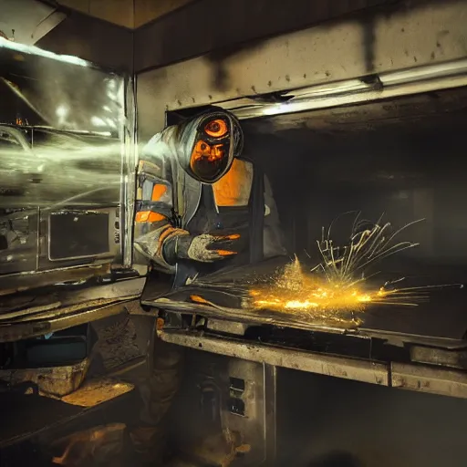 Image similar to cyborg toaster oven repairman, dark messy smoke - filled cluttered workshop, dark, dramatic lighting, orange tint, sparks, cinematic, highly detailed, sci - fi, futuristic, movie still