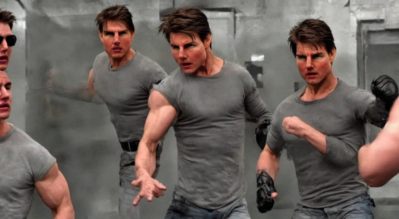 Image similar to Tom Cruise clones in Cage fight, photorealistic