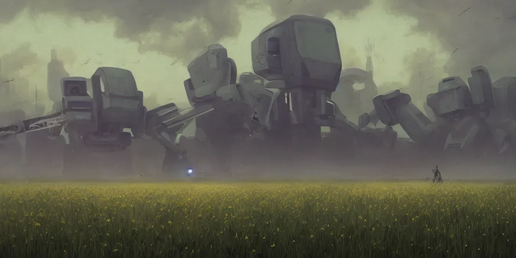 Image similar to giant mech stands over hay field by simon stalenhag, atmospheric haze, children in white jackets below look up, misty blue hour, sci fi digital painting, unreal engine 5, photorealism, hd quality, 8 k resolution, cinema 4 d, 3 d, cinematic, professional photography, art by artgerm and greg rutkowski and alphonse mucha and loish and wlop