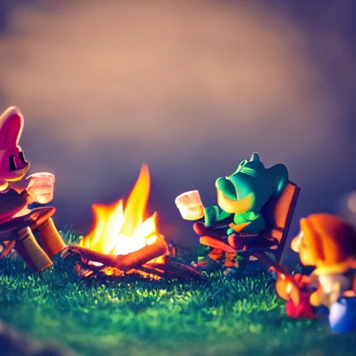 Prompt: tiny toons in real life sitting around a campfire telling stories, photographic, 3D, dark vignette, burning embers, nostalgic, muted colors, slightly drunk, candy rush