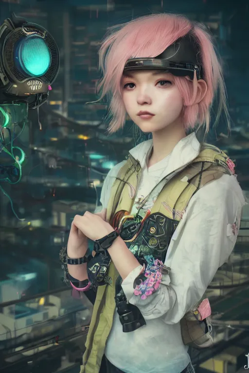 Image similar to solarpunk girl kawaii wearing oculus, ultra realistic, concept art, intricate details, highly detailed, photorealistic, octane render, 8 k