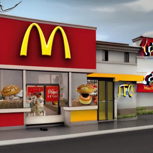 Prompt: MC Escher McDonalds Restaurant fun-house, cannibalism surreal portrait, hyperreal artstation 4k HDR