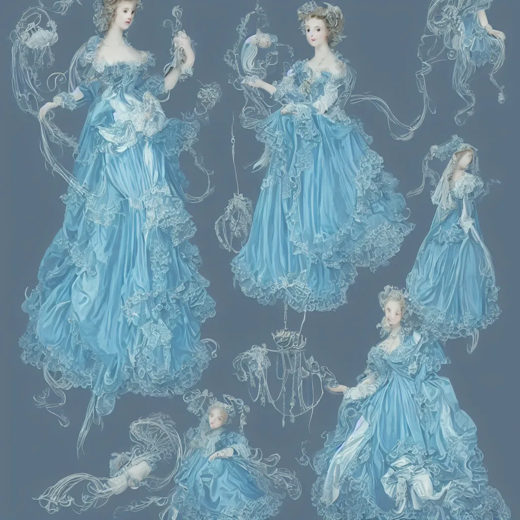 Image similar to blue dress design in the style of rococo ，Victorian era，jellyfish element，dreamy, soft ,Backlight ,luminescence，in the style of Aetherpunk,highly detailed,8k