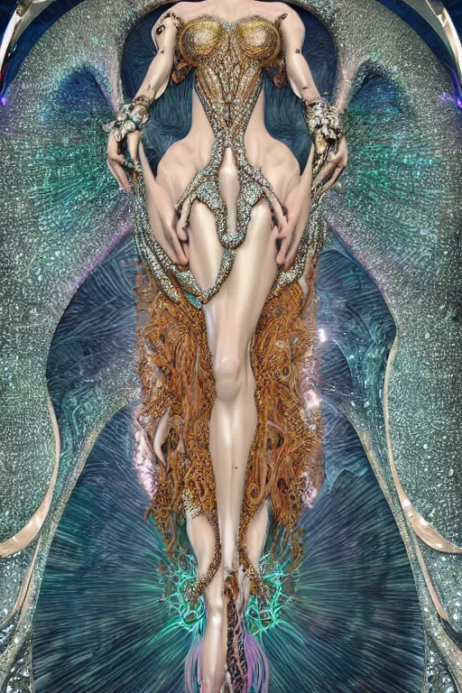 Image similar to a highly detailed metahuman 4 k render of an alien lsd goddess bella hadid in iris van herpen dress schiaparelli in diamonds swarovski and jewelry in style of alphonse mucha gustav klimt trending on artstation made in unreal engine 4