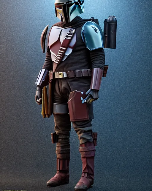 Image similar to off angle beautiful full body shot film still of the mandalorian at night in science fiction city hard surface modeling unreal redshift