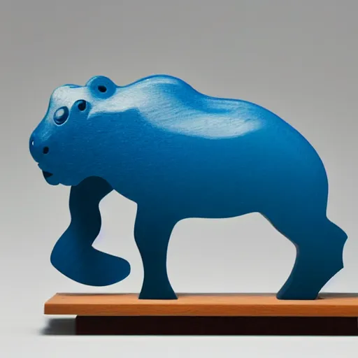 Image similar to a zoomed out studio product shot of a minimalist carved hippopotamus, made from cherry wood and blue resin, in profile, like a catalog photograph, mostly wood, with a smooth featureless minimalist look