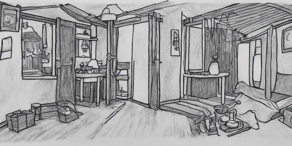 Image similar to studio Ghibli, the interior of a small cottage, black and white drawing